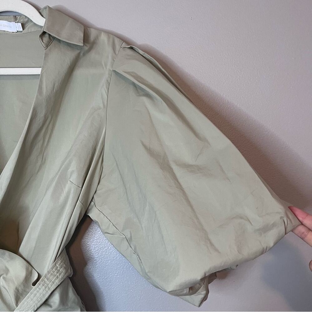 Jonathan Simkhai Waverly Bubble Sleeve Collared Tie Waist Wrap Blouse Thyme Sage - Picture 4 of 9